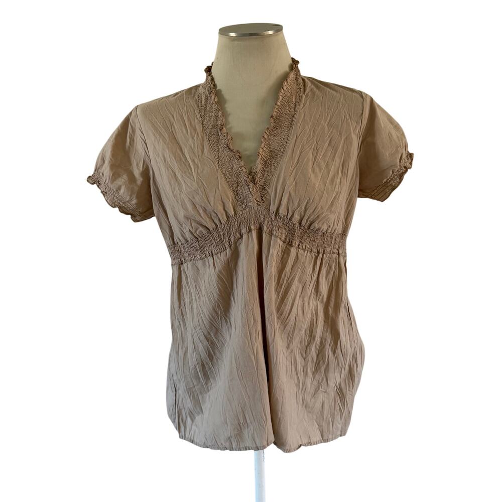 Y2K 2000s Tan Babydoll Blouse Sz L Forest Fairy Grunge Skater Punk Stretch